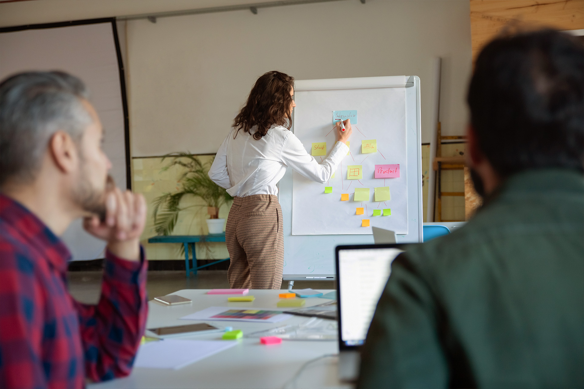 A facilitator drawing a model on a flipchart hung with sticky notes while two colleagues watch