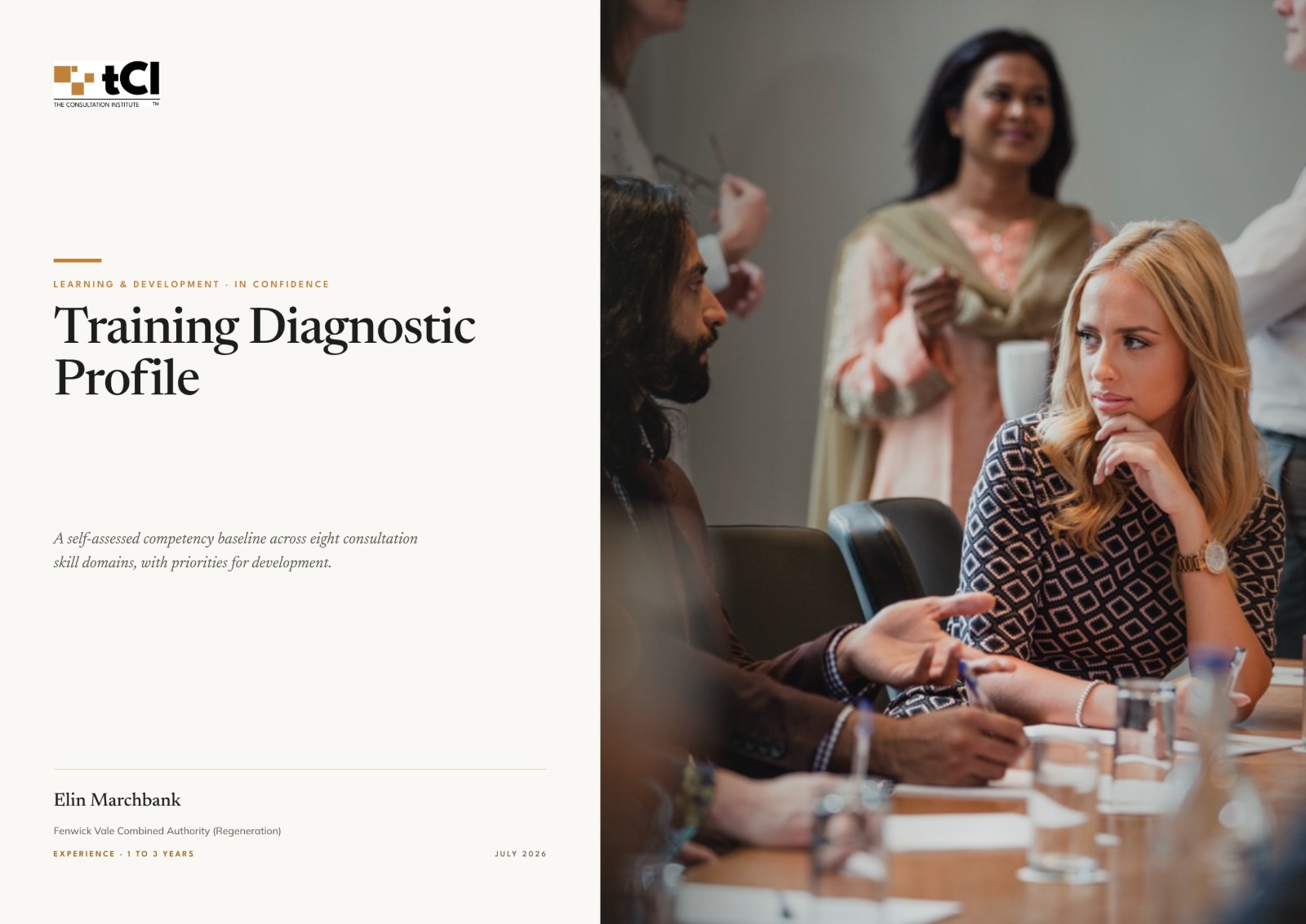 Cover page of a Training Diagnostic Profile, showing the report title, the holder&rsquo;s name, their organisation and the date
